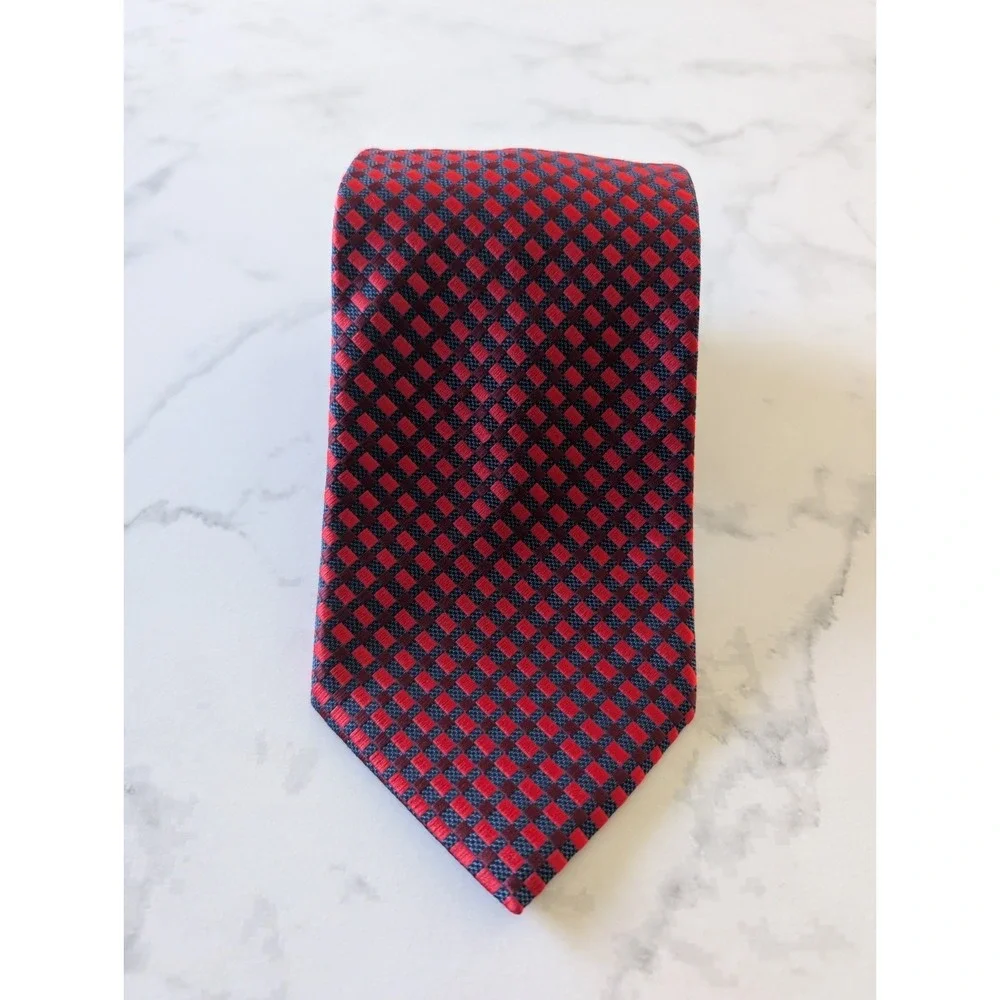 Bergamo New York X-Long Tie Jacquard Red Blue Geometric Squares Handmade